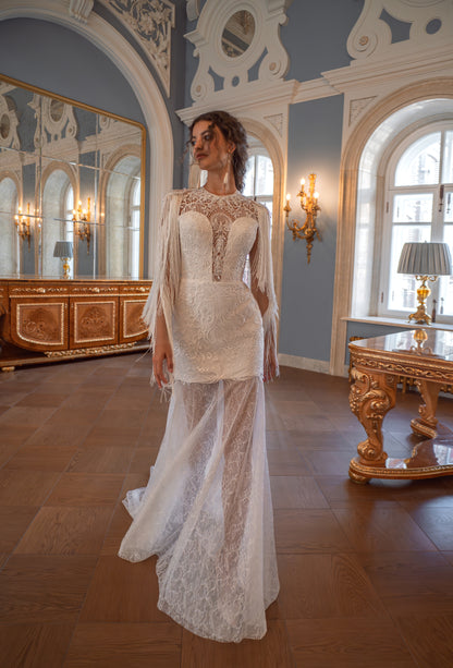 Lace wedding dress with sheer tulle skirt – full-length front view