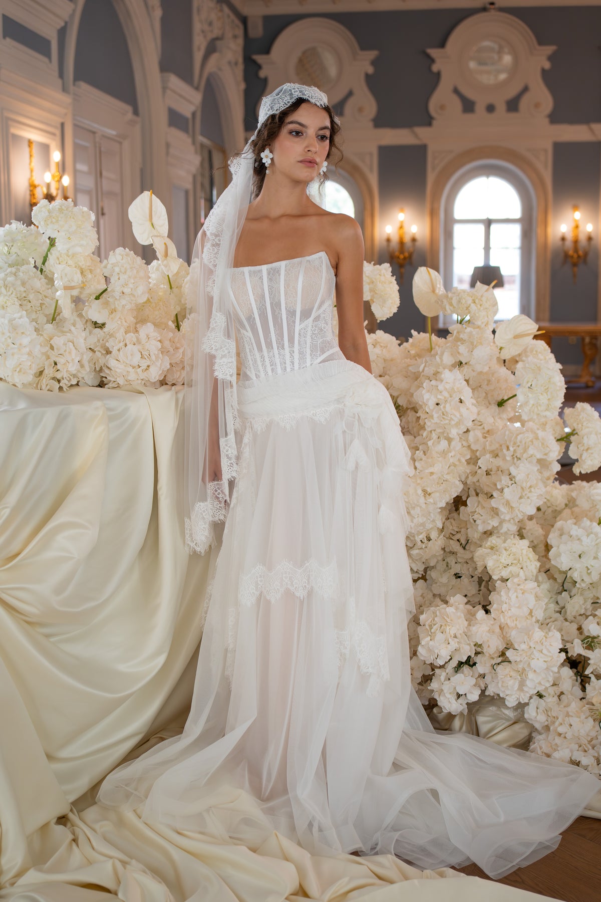 Lace Corset Wedding Dress with Layered Tulle Skirt and Lace Trim