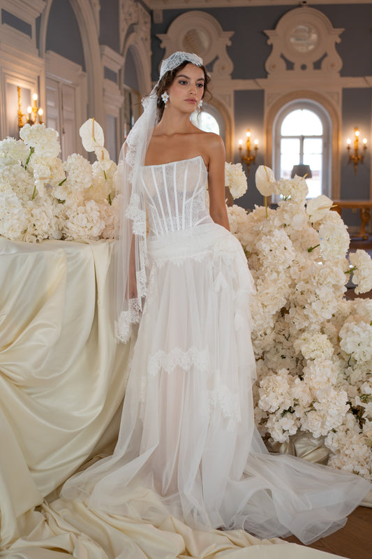 Lace Corset Wedding Dress with Layered Tulle Skirt and Lace Trim
