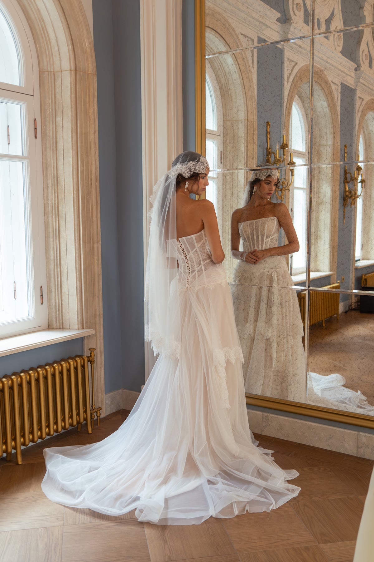 Lace Corset Wedding Dress with Layered Tulle Skirt and Lace Trim