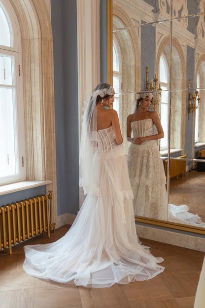 Lace Corset Wedding Dress with Layered Tulle Skirt and Lace Trim