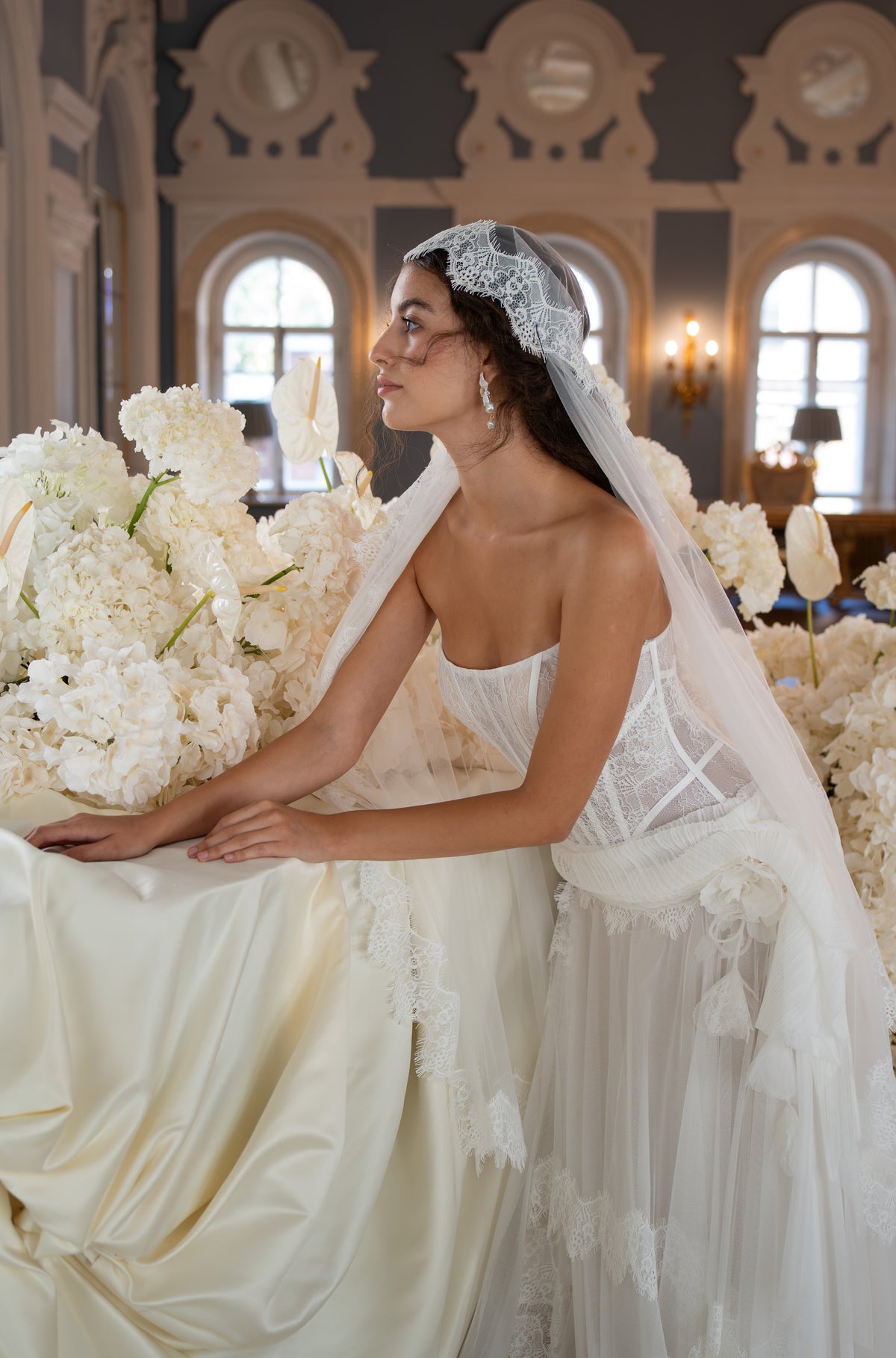 Lace Corset Wedding Dress with Layered Tulle Skirt and Lace Trim