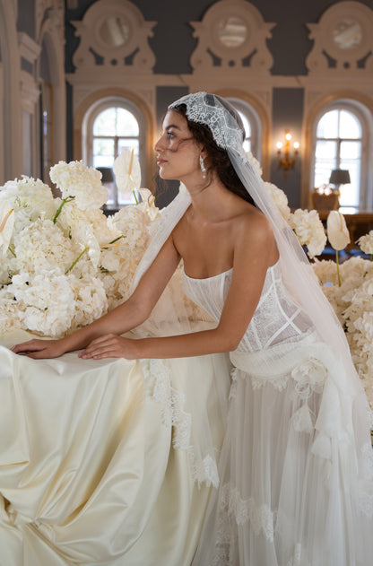 Lace Corset Wedding Dress with Layered Tulle Skirt and Lace Trim
