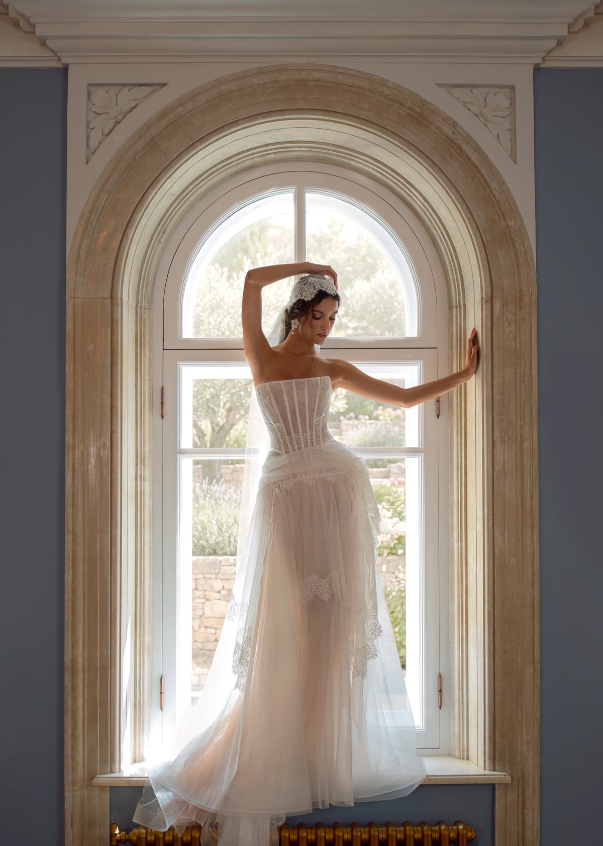 Lace Corset Wedding Dress with Layered Tulle Skirt and Lace Trim