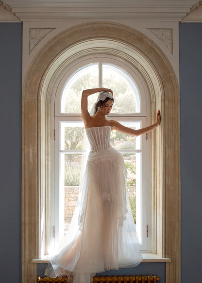 Lace Corset Wedding Dress with Layered Tulle Skirt and Lace Trim