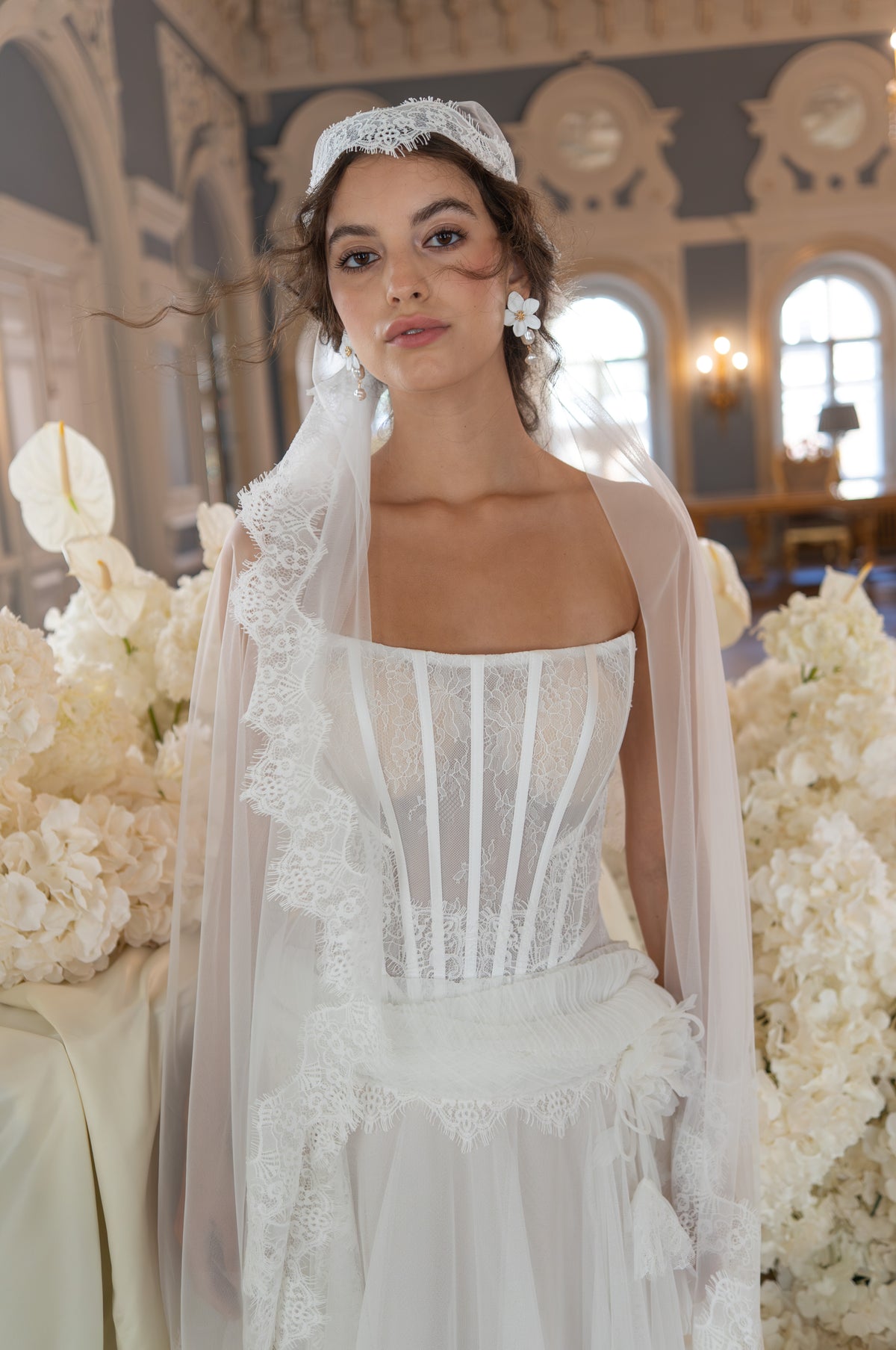 Lace Corset Wedding Dress with Layered Tulle Skirt and Lace Trim
