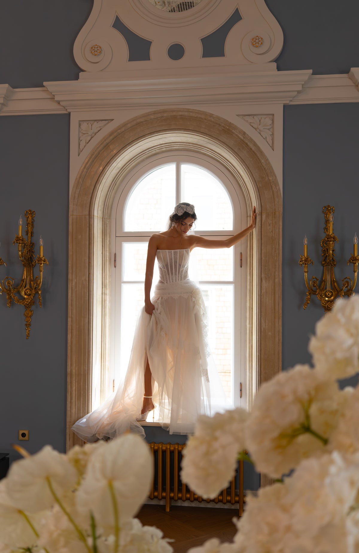 Lace Corset Wedding Dress with Layered Tulle Skirt and Lace Trim