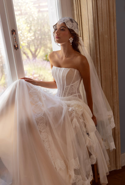 Lace Corset Wedding Dress with Layered Tulle Skirt and Lace Trim