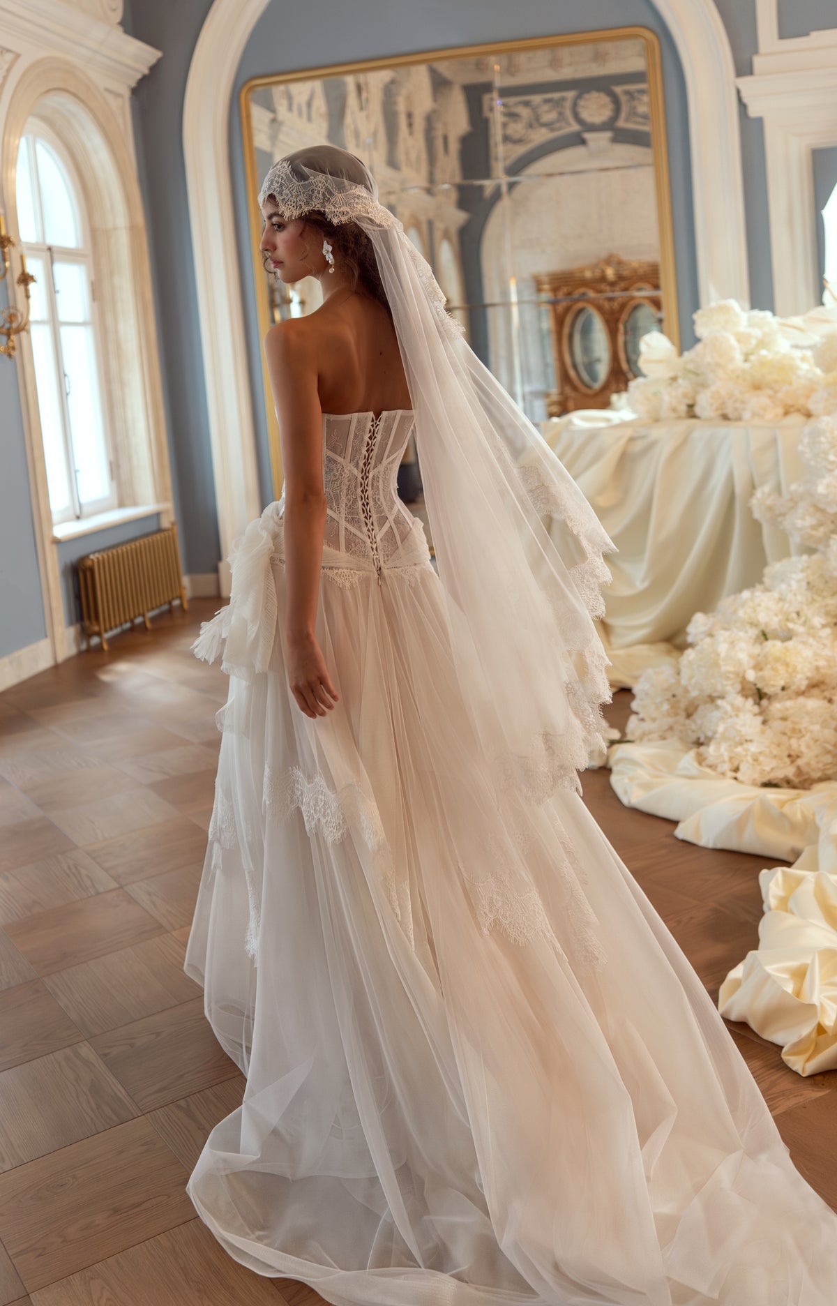 Lace Corset Wedding Dress with Layered Tulle Skirt and Lace Trim