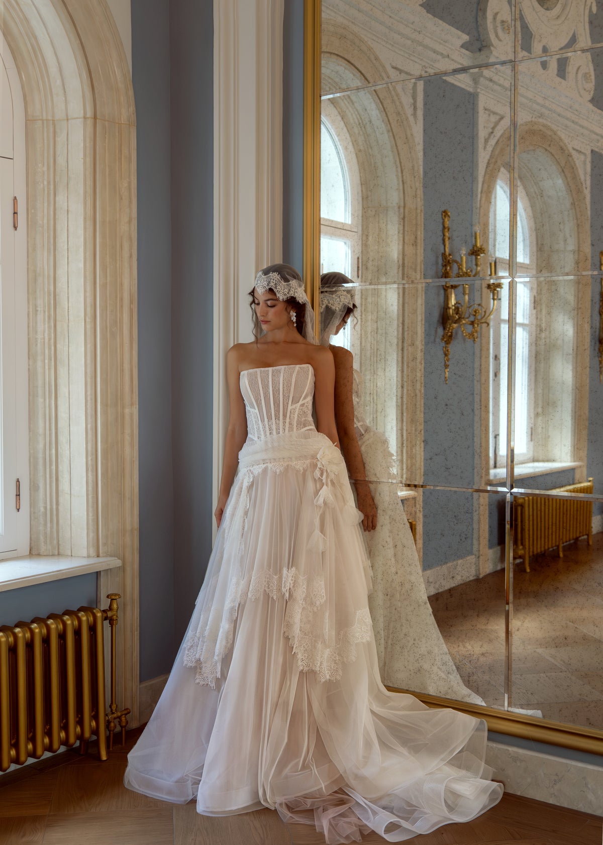 Lace Corset Wedding Dress with Layered Tulle Skirt and Lace Trim