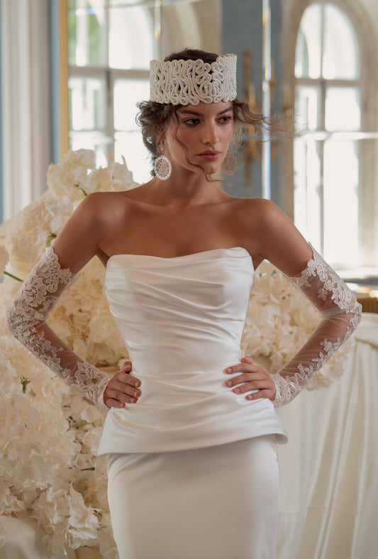 Satin Wedding Dress with Strapless Draped Peplum Corset and Slim Skirt
