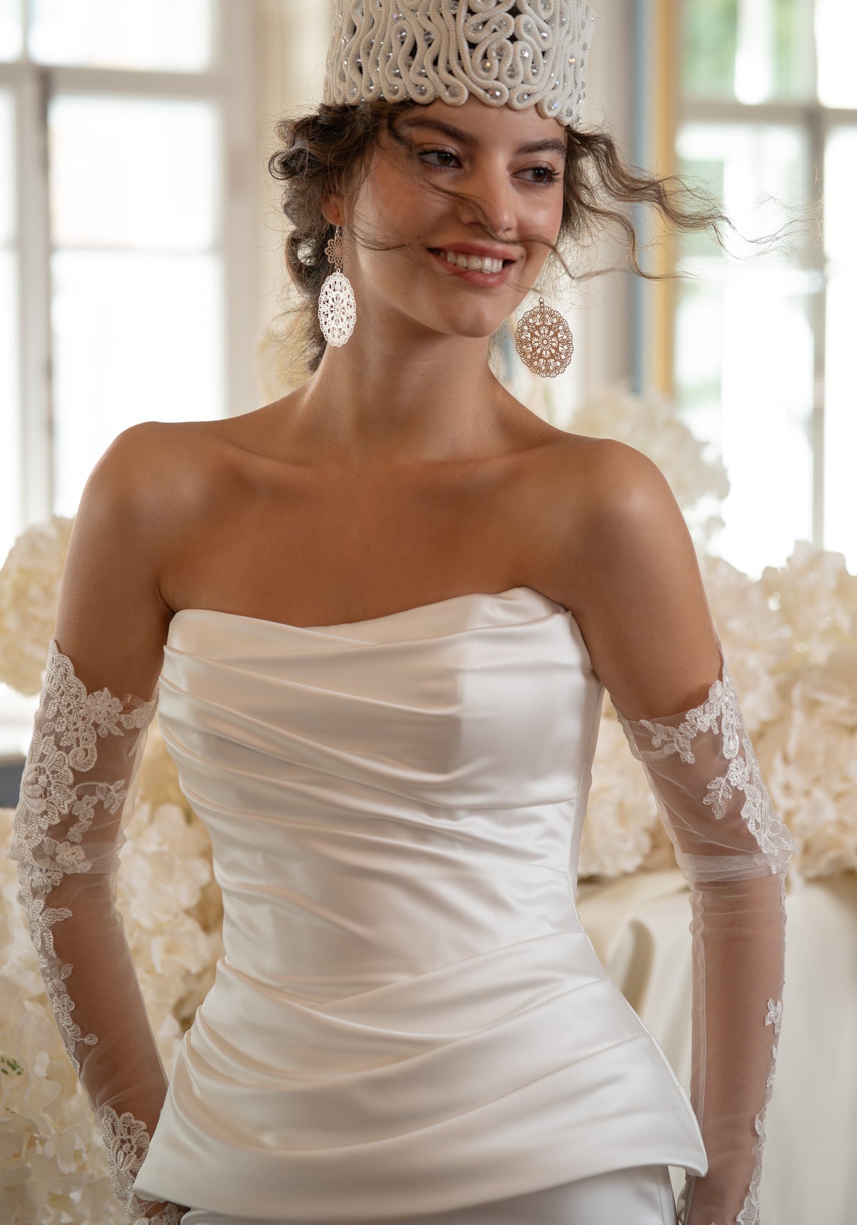 Satin Wedding Dress with Strapless Draped Peplum Corset and Slim Skirt