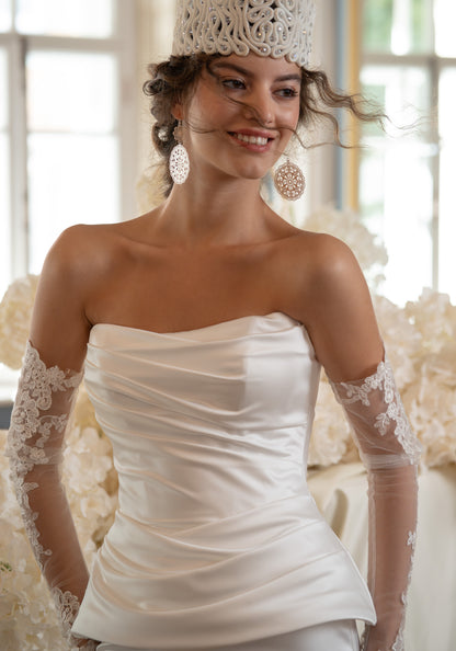 Satin Wedding Dress with Strapless Draped Peplum Corset and Slim Skirt
