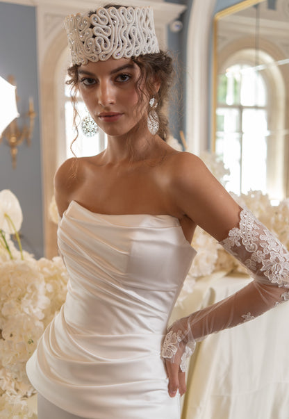 Satin Wedding Dress with Strapless Draped Peplum Corset and Slim Skirt