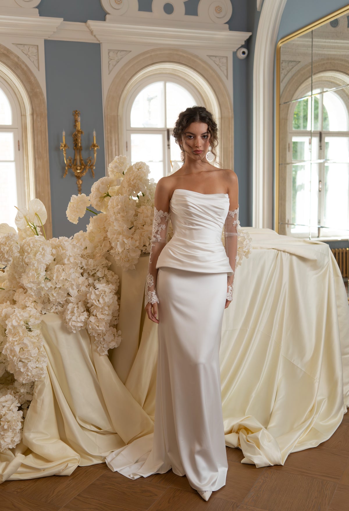 Satin Wedding Dress with Strapless Draped Peplum Corset and Slim Skirt
