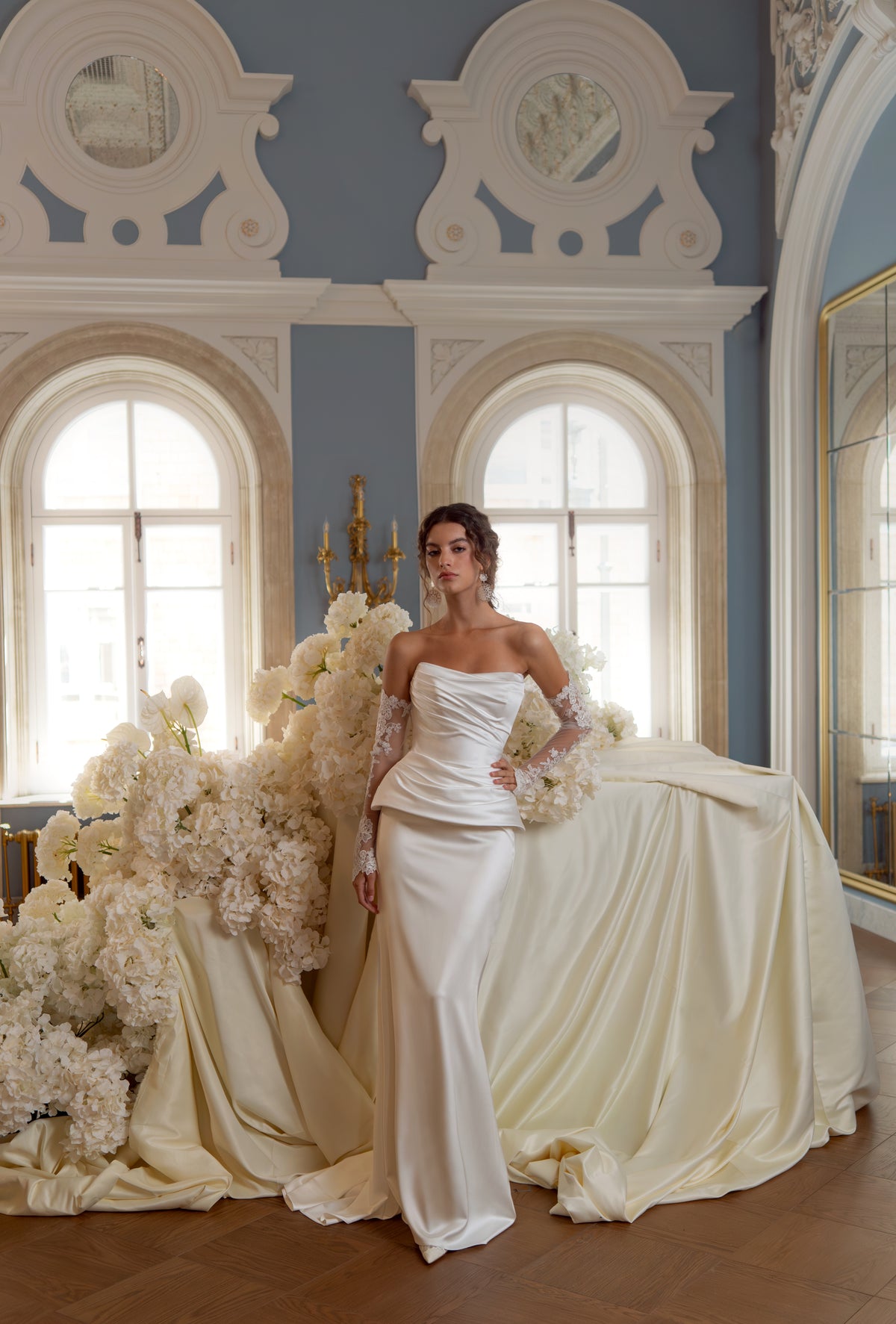 Satin Wedding Dress with Strapless Draped Peplum Corset and Slim Skirt