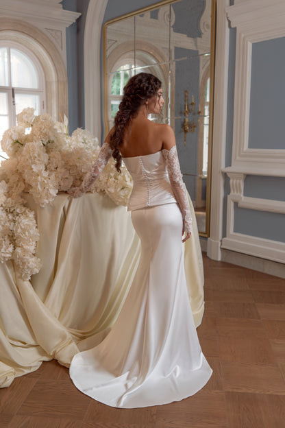 Satin Wedding Dress with Strapless Draped Peplum Corset and Slim Skirt