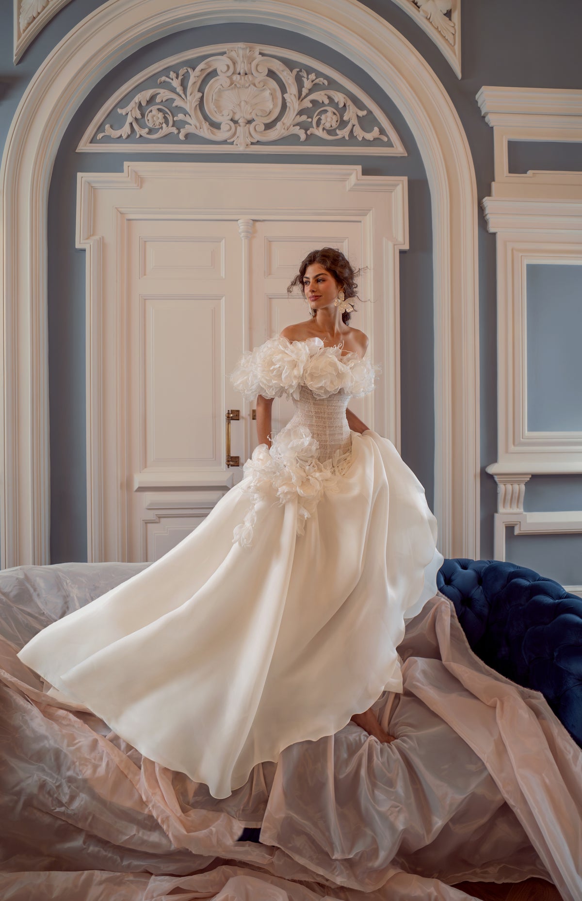Organza Ball Gown Wedding Dress with Fabric Flowers and Feather Off-Shoulder Neckline