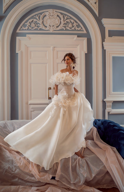 Organza Ball Gown Wedding Dress with Fabric Flowers and Feather Off-Shoulder Neckline