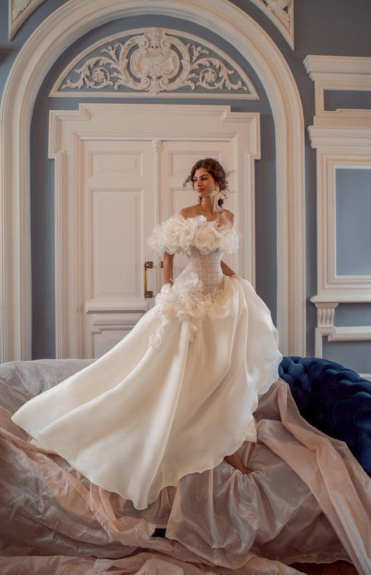 Organza Ball Gown Wedding Dress with Fabric Flowers and Feather Off-Shoulder Neckline