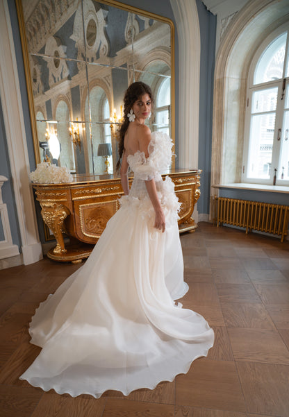 Organza Ball Gown Wedding Dress with Fabric Flowers and Feather Off-Shoulder Neckline