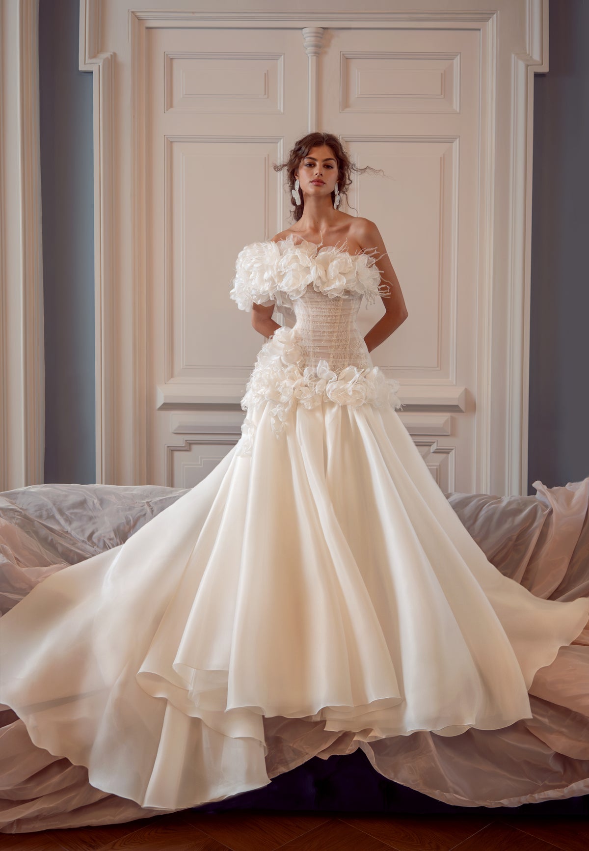 Organza Ball Gown Wedding Dress with Fabric Flowers and Feather Off-Shoulder Neckline