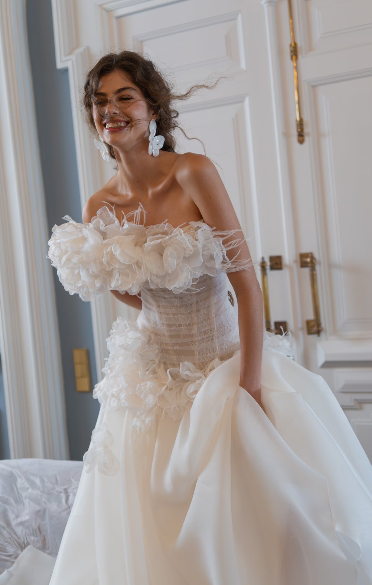 Organza Ball Gown Wedding Dress with Fabric Flowers and Feather Off-Shoulder Neckline