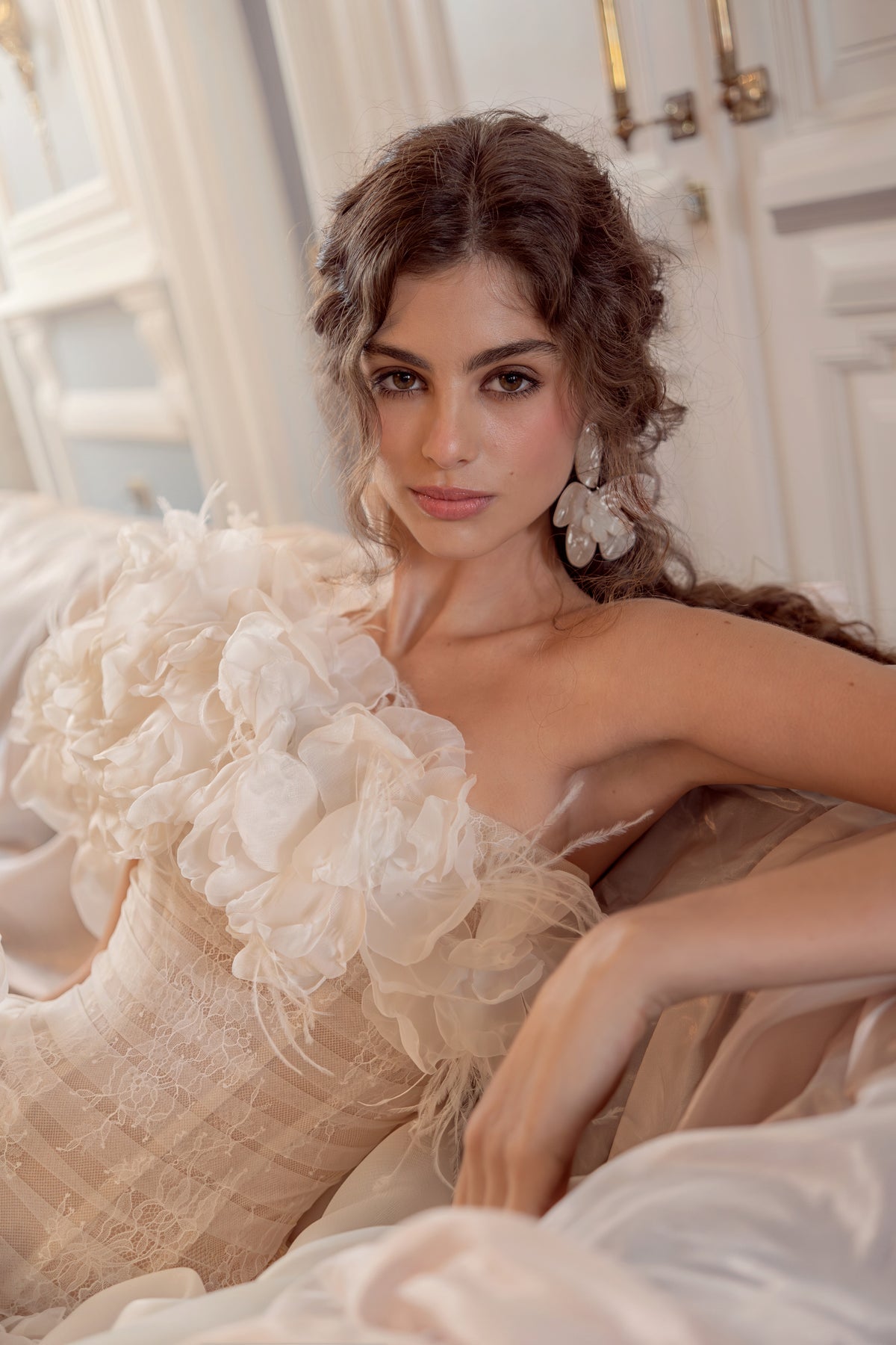 Organza Ball Gown Wedding Dress with Fabric Flowers and Feather Off-Shoulder Neckline