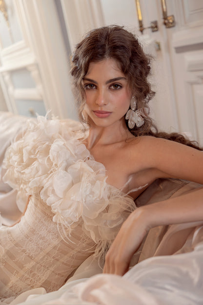 Organza Ball Gown Wedding Dress with Fabric Flowers and Feather Off-Shoulder Neckline