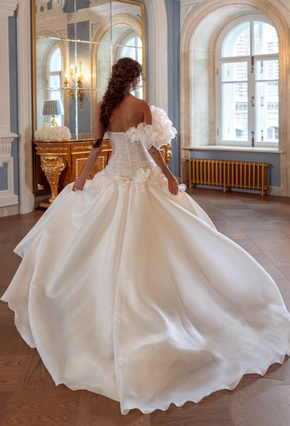 Organza Ball Gown Wedding Dress with Fabric Flowers and Feather Off-Shoulder Neckline