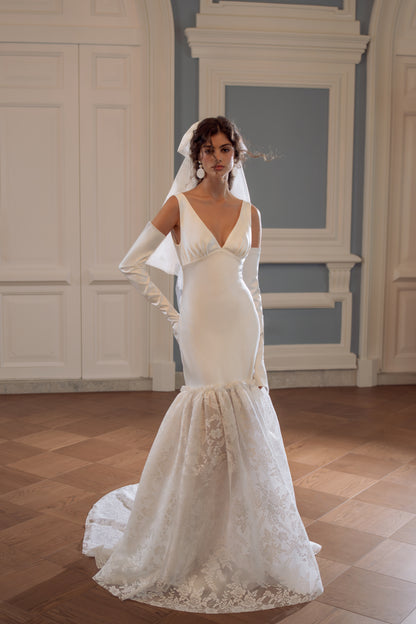 Satin Mermaid Wedding Dress with V-Neck and Lace Flounce Skirt