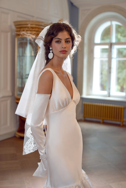 Satin Mermaid Wedding Dress with V-Neck and Lace Flounce Skirt