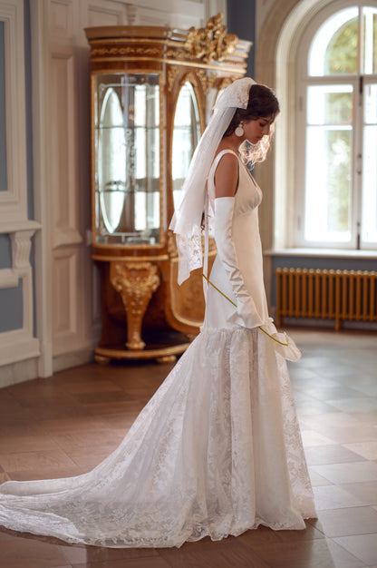 Satin Mermaid Wedding Dress with V-Neck and Lace Flounce Skirt