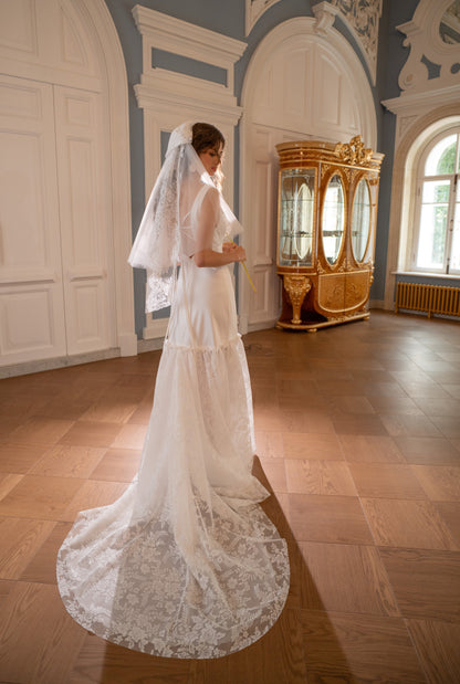 Satin Mermaid Wedding Dress with V-Neck and Lace Flounce Skirt