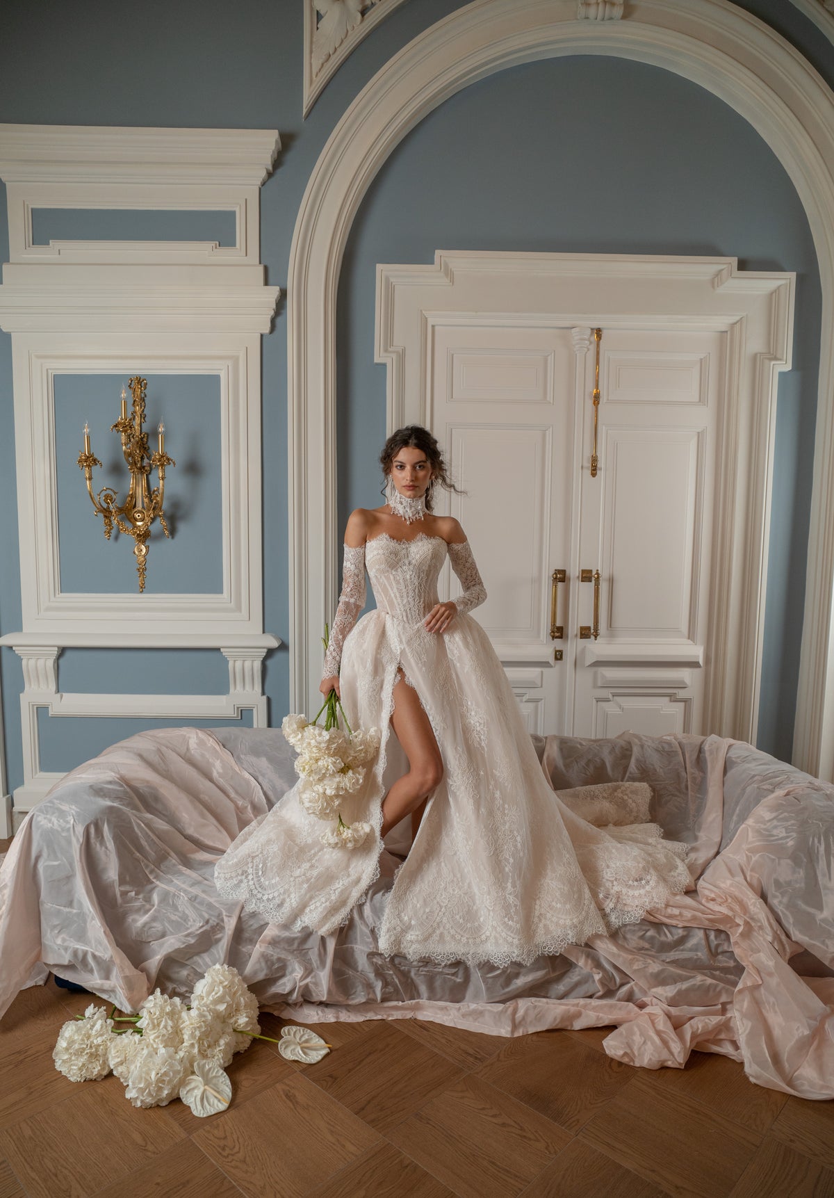 Lace A-Line Wedding Dress with Off-Shoulder Sleeves, Corset Bodice and Thigh Slit