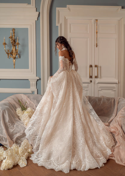 Lace A-Line Wedding Dress with Off-Shoulder Sleeves, Corset Bodice and Thigh Slit