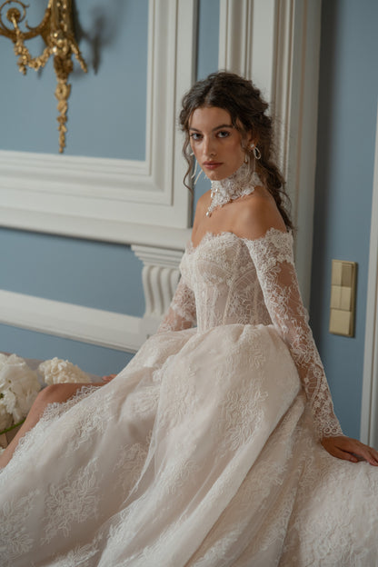 Lace A-Line Wedding Dress with Off-Shoulder Sleeves, Corset Bodice and Thigh Slit