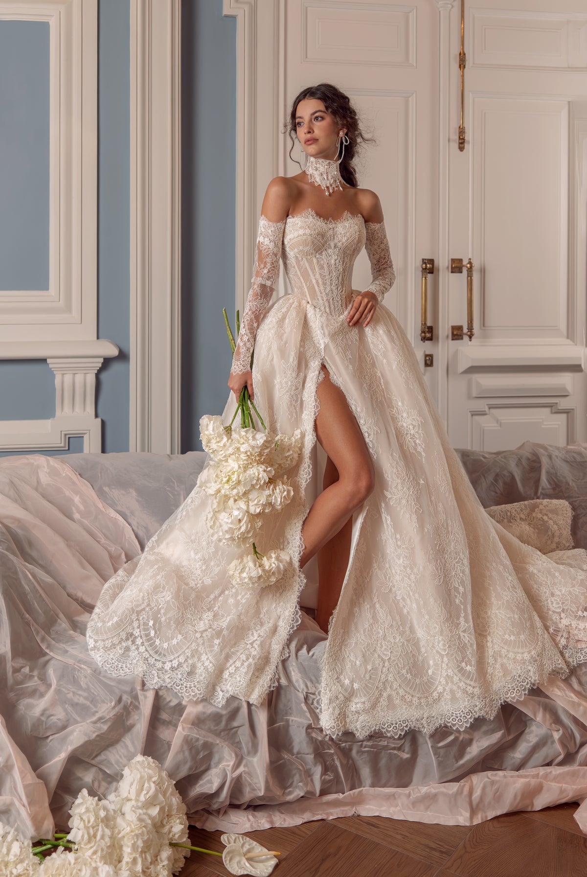 Lace A-Line Wedding Dress with Off-Shoulder Sleeves, Corset Bodice and Thigh Slit
