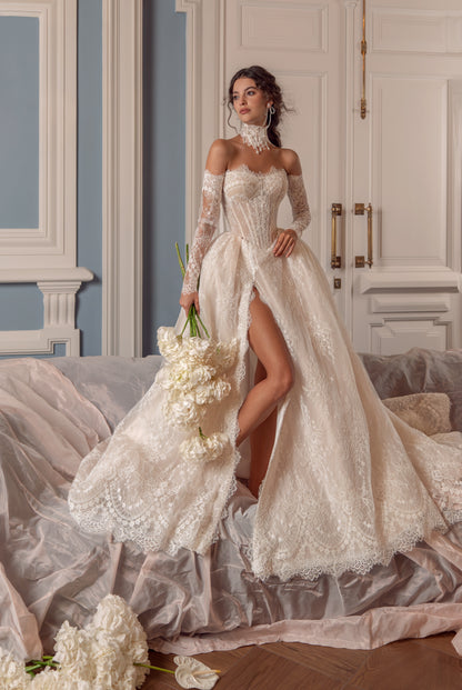 Lace A-Line Wedding Dress with Off-Shoulder Sleeves, Corset Bodice and Thigh Slit