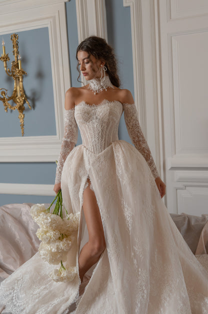 Lace A-Line Wedding Dress with Off-Shoulder Sleeves, Corset Bodice and Thigh Slit