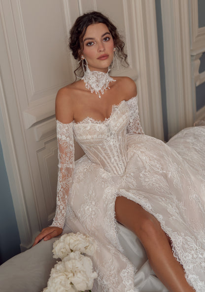 Lace A-Line Wedding Dress with Off-Shoulder Sleeves, Corset Bodice and Thigh Slit