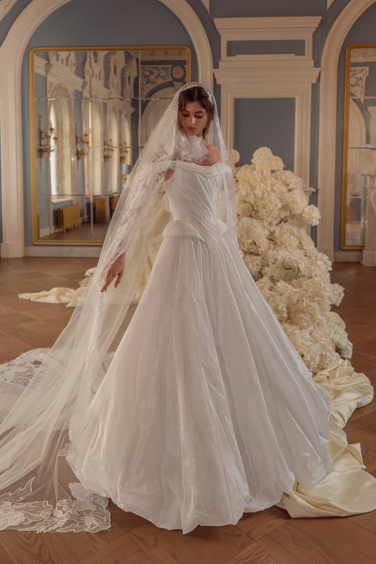 Taffeta ball gown wedding dress – front view with a veil and full skirt