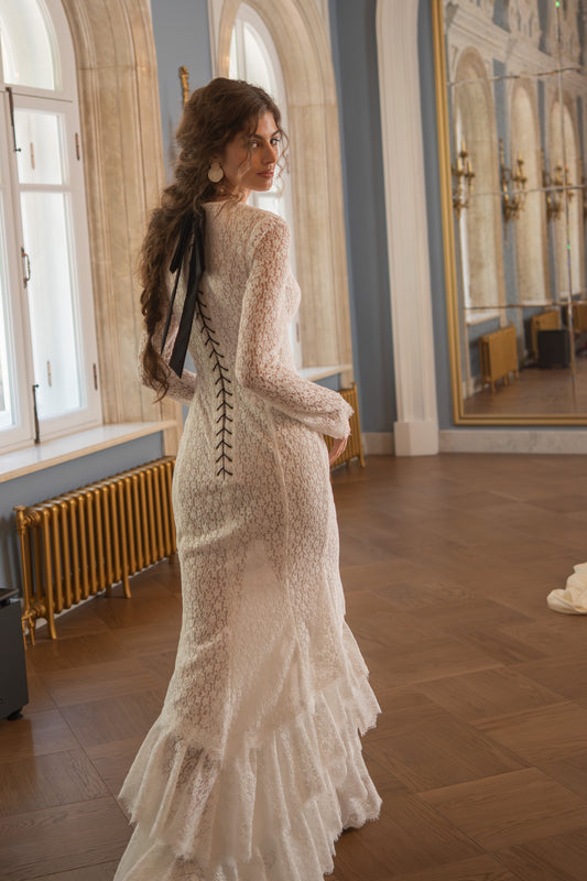 Lace Mermaid Wedding Dress with Plunging V-Neck, Long Sleeves and Ruffle Hem