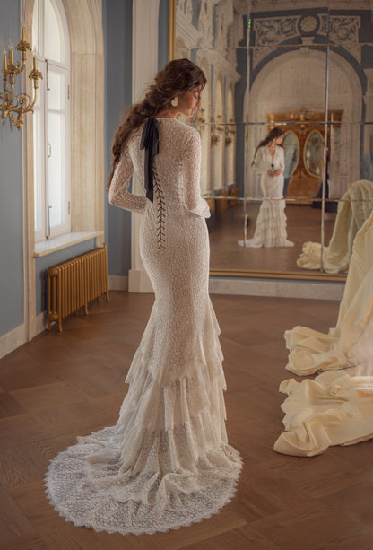 Lace Mermaid Wedding Dress with Plunging V-Neck, Long Sleeves and Ruffle Hem