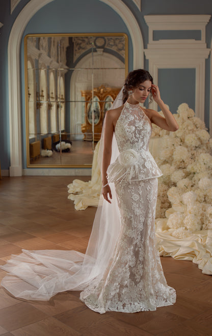 Lace Mermaid Wedding Dress with Halter Neck, Floral Peplum and Veil