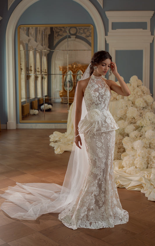 Lace Mermaid Wedding Dress with Halter Neck, Floral Peplum and Veil