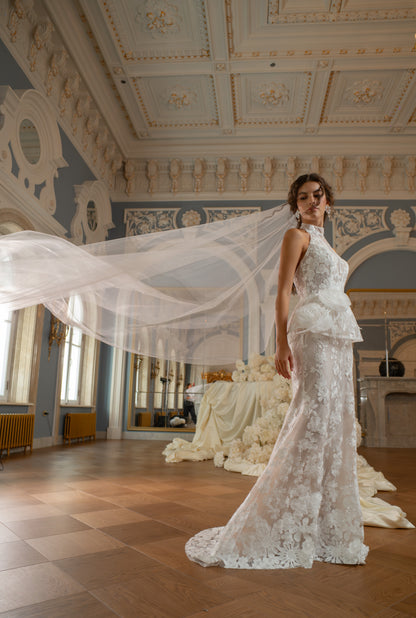 Lace Mermaid Wedding Dress with Halter Neck, Floral Peplum and Veil