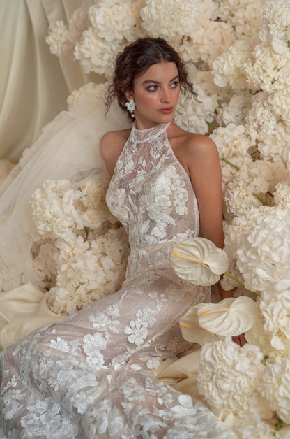 Lace Mermaid Wedding Dress with Halter Neck, Floral Peplum and Veil