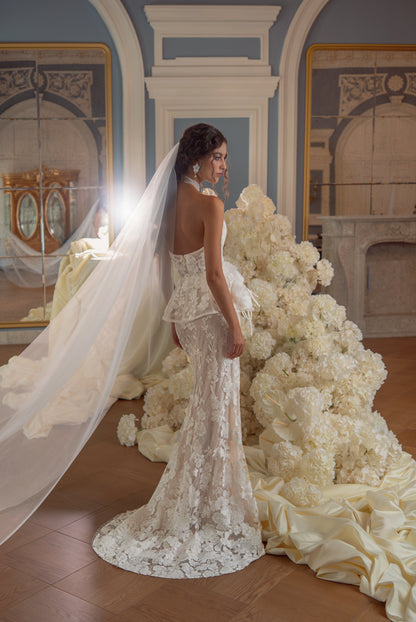 Lace Mermaid Wedding Dress with Halter Neck, Floral Peplum and Veil