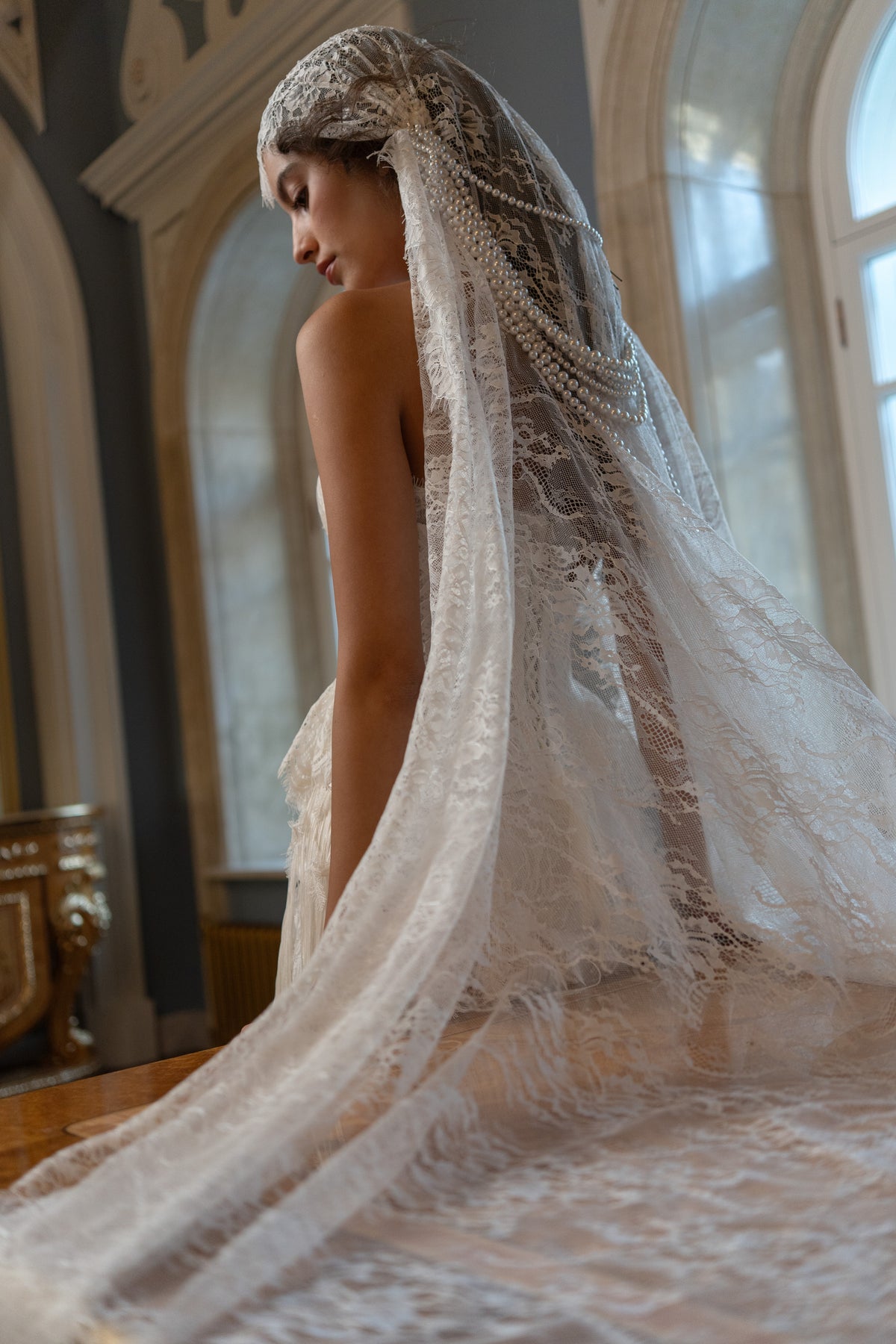 Fitted Lace Fringe Wedding Dress with Strapless Corset and Juliet Veil